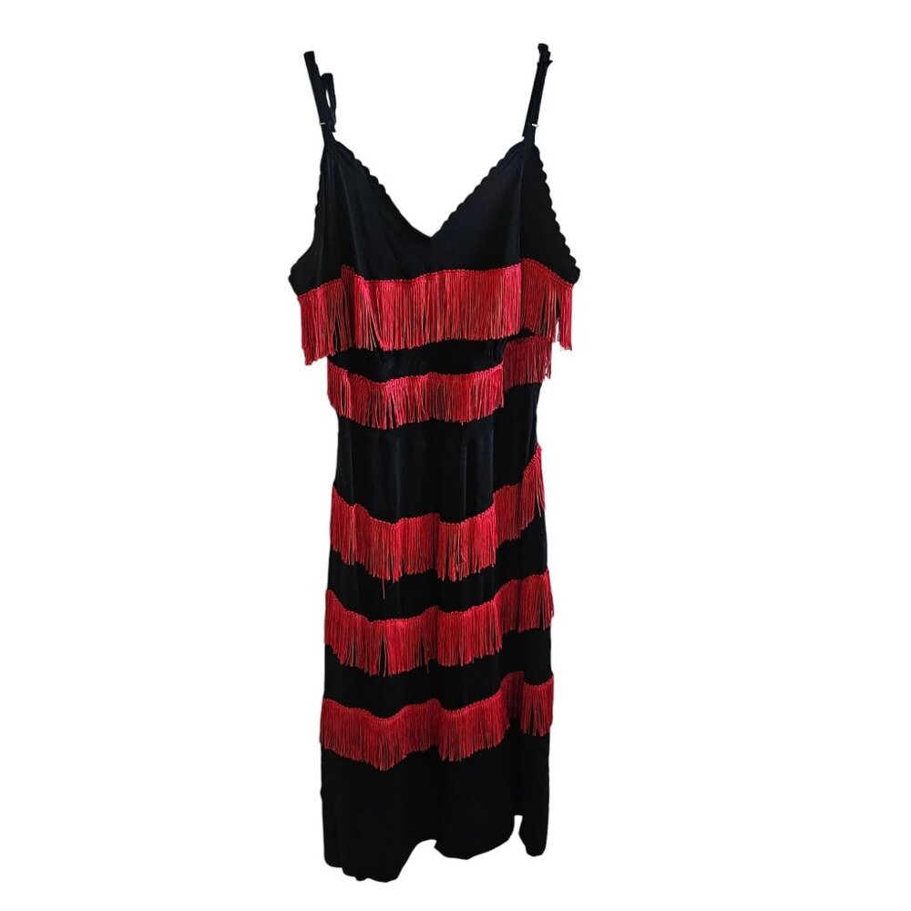 VTG 1950s Black Flapper Slip dress Red Fringe Mod Cosplay Knee Length Sz XS /‎ S